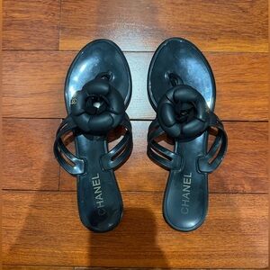 Chanel Camellia Black Jelly Sandals Flip Flops Thongs Sz. 38